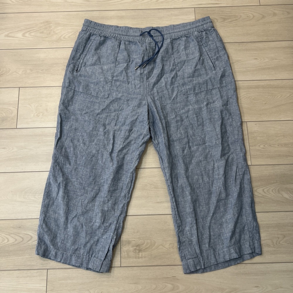 Athleta Women's Linen Blue Pants Wide Leg Elastic High Waist Drawstring Size 24